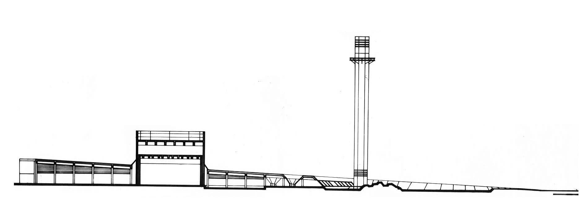 Section drawing showing a low-rise volume and a tall vertical tower element connected by a horizontal spine