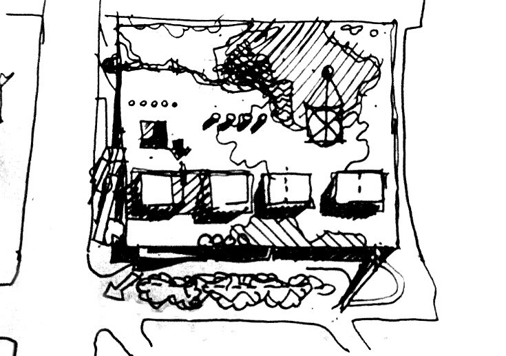 Sketch site plan showing clustered volumes with hatched landscaping around rectangular buildings and curved pathways