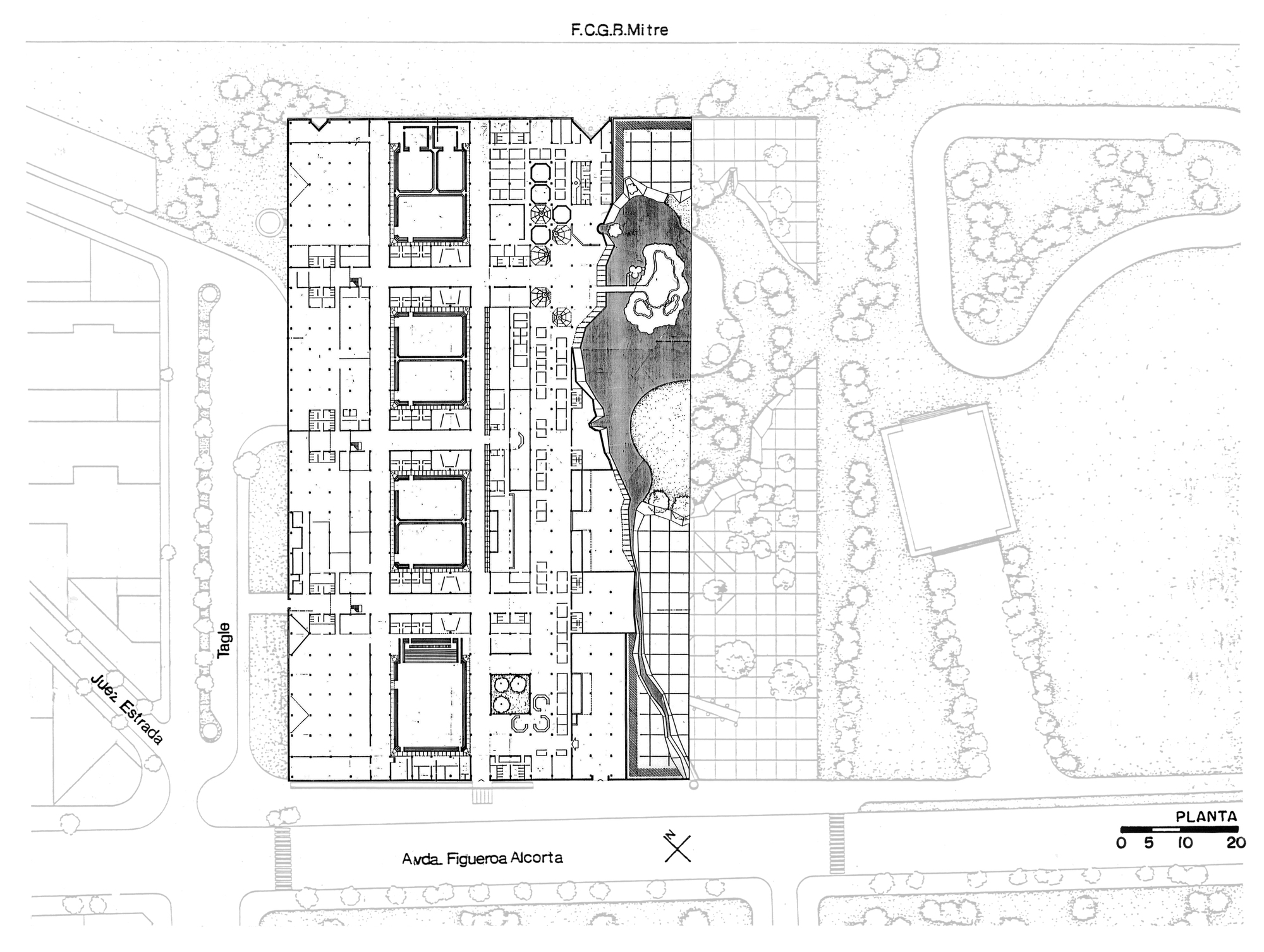 Ground floor plan drawing with rectangular volumes framing a central pond and landscaped courtyard with trees