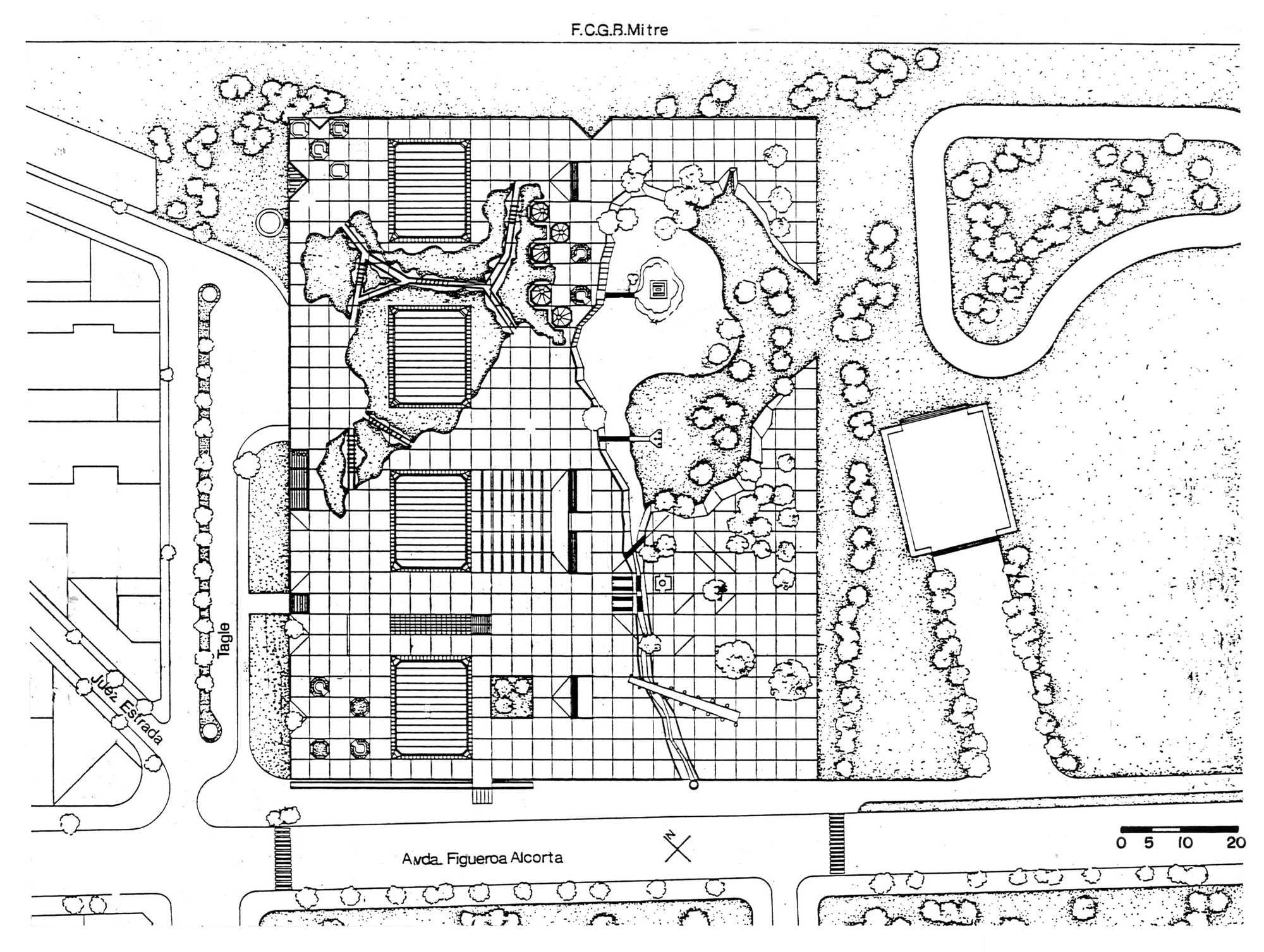 Roof plan drawing showing four rectangular pavilion volumes arranged around a central water feature and grid paving