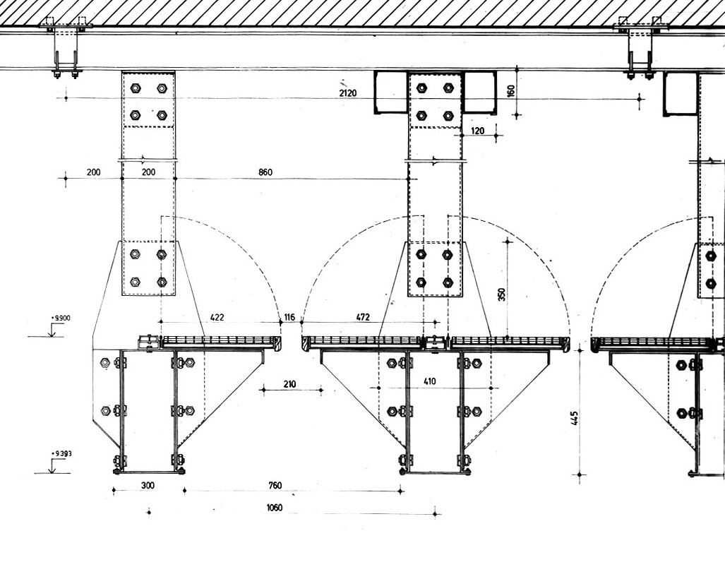 Detail section drawing showing bolted steel column connections to horizontal beams with dimensional annotations