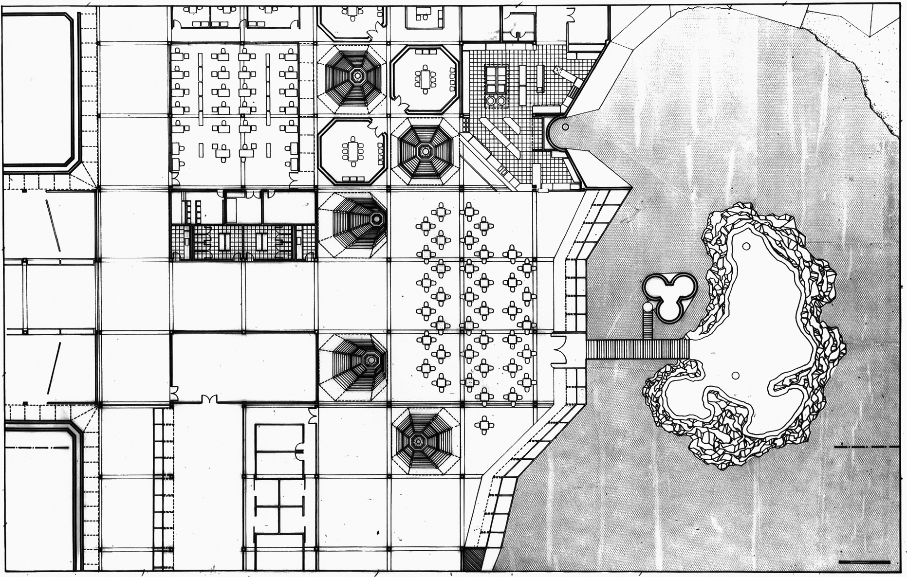Floor plan drawing showing octagonal pavilions flanking a dining hall with an organic pond and landscaping outside