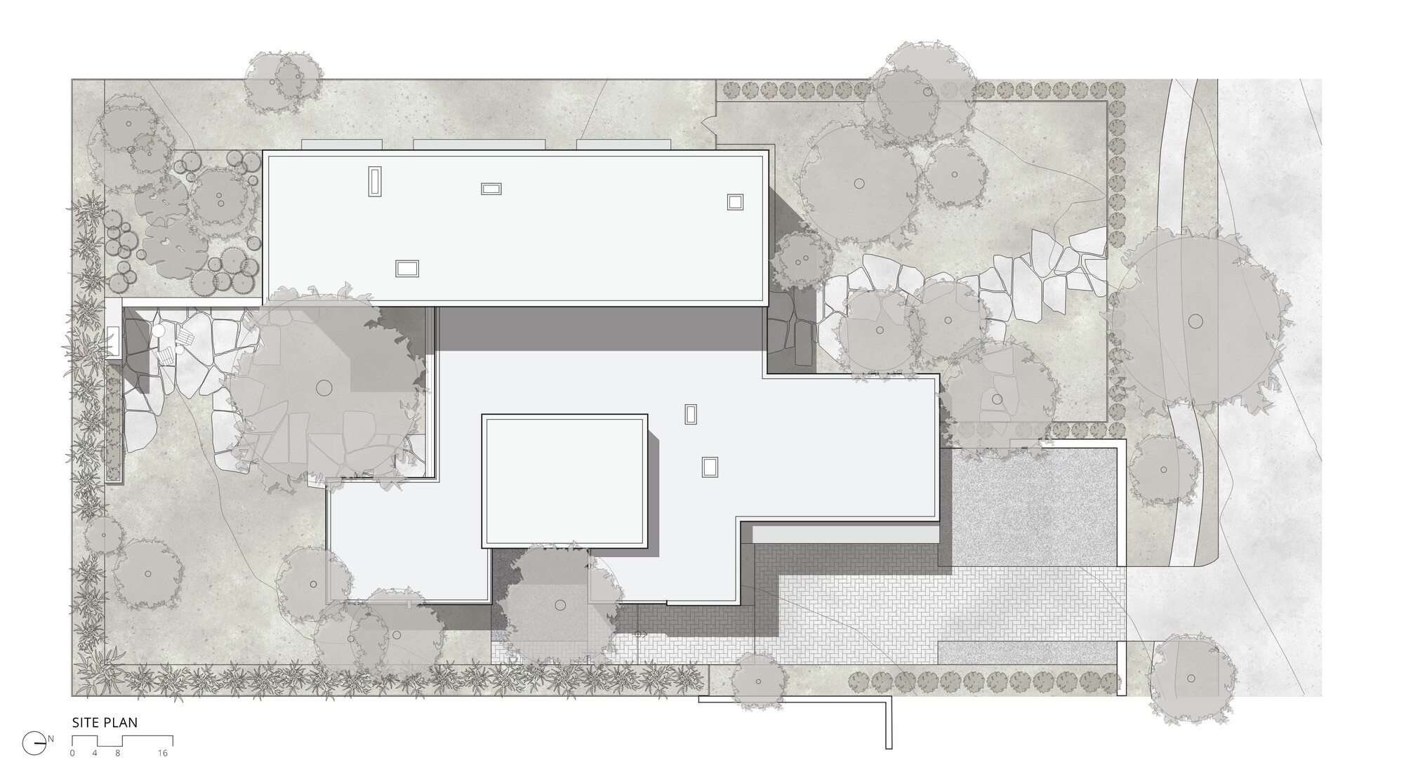 Site plan drawing showing the building footprint, pool, paved areas and surrounding tree canopy