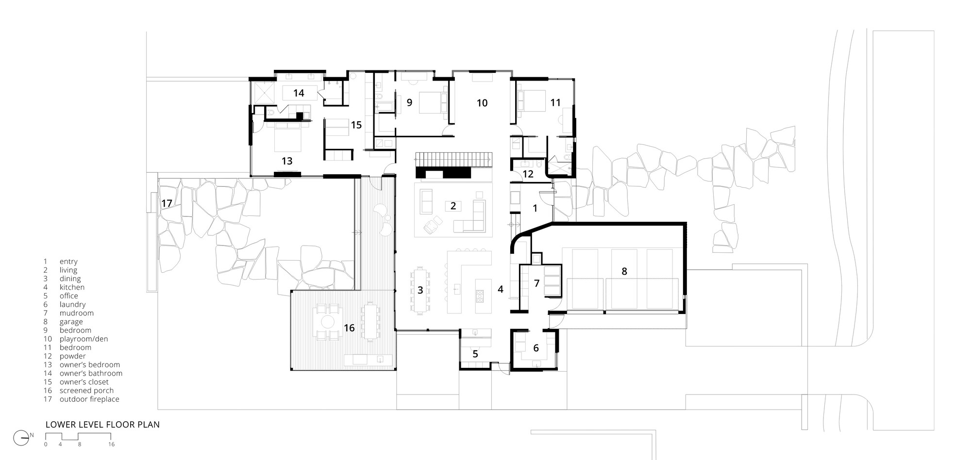 Lower level floor plan showing main living spaces, garage, pool and bedrooms arranged around a courtyard
