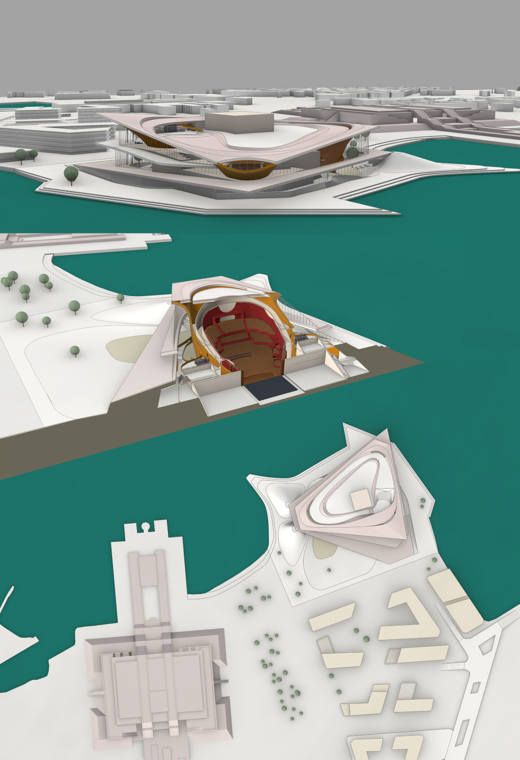Layered waterfront form revealing the opera house’s sculptural auditorium and public landscape