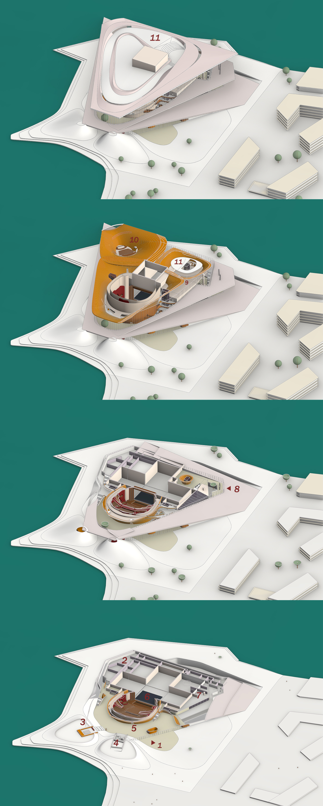 Exploded program study showing the stacked triangular levels, auditorium, studios, and rooftop spaces