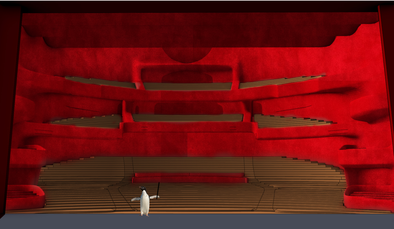 The main auditorium forms a dramatic red performance chamber with layered seating and balconies