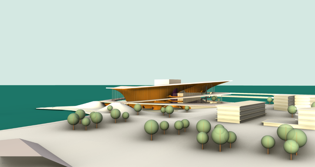 A low, horizontal profile integrates the opera house with the surrounding waterfront landscape