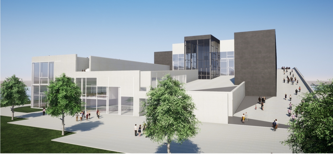 Rendering of a pale concrete cultural building with a dark glazed tower and a sloping public ramp lined with visitors under a clear sky. Image: Wojciech Stachowiak