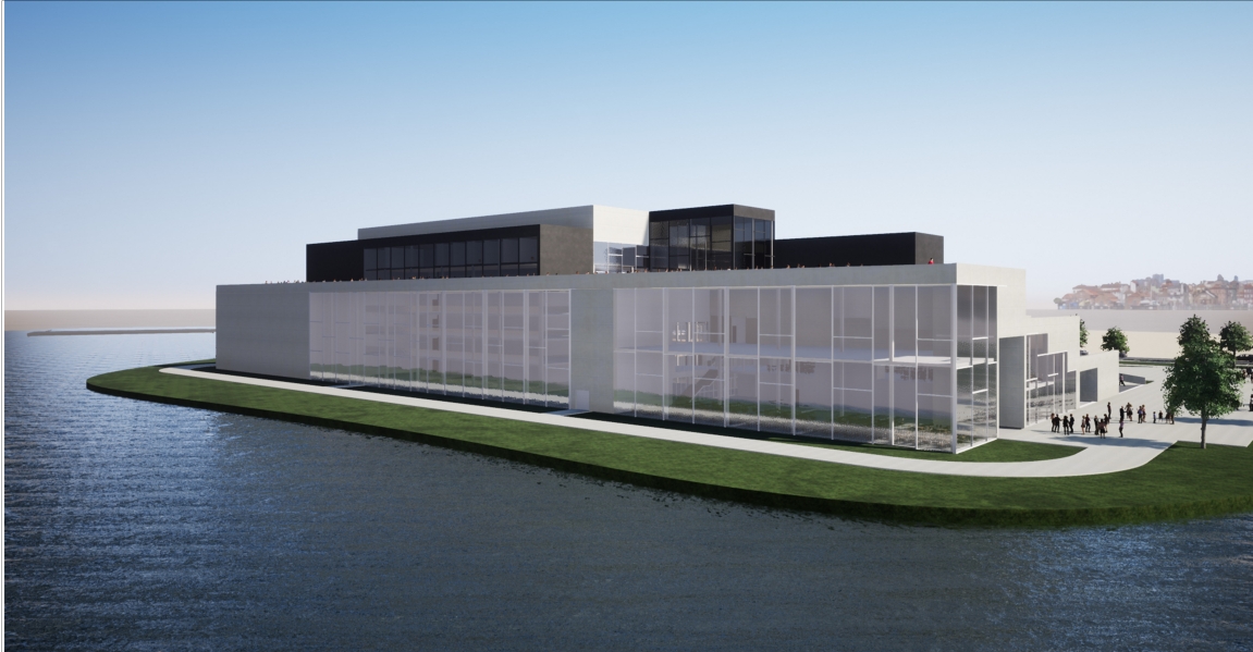 Rendering of a long glazed waterfront facade with dark upper volumes, a curved grass edge and a distant hillside town at dusk. Image: Wojciech Stachowiak