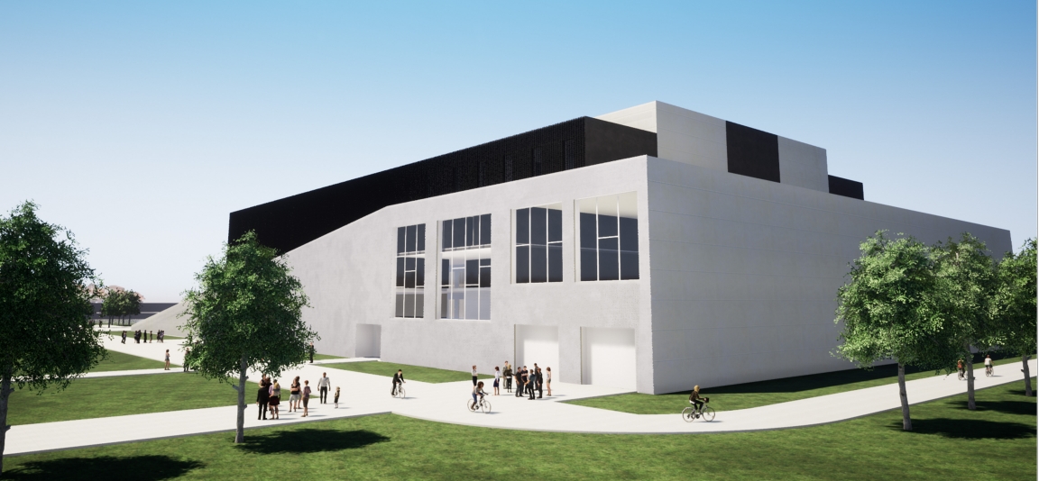 Rendering of a white stone block with tall vertical windows and a dark upper volume, with cyclists passing on lawn paths. Image: Wojciech Stachowiak
