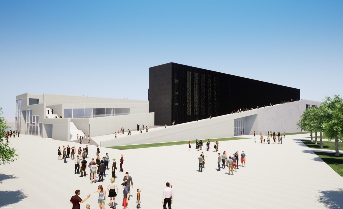 Rendering of a black perforated volume rising above a sloping ramp, with crowds gathered on a pale open plaza. Image: Wojciech Stachowiak