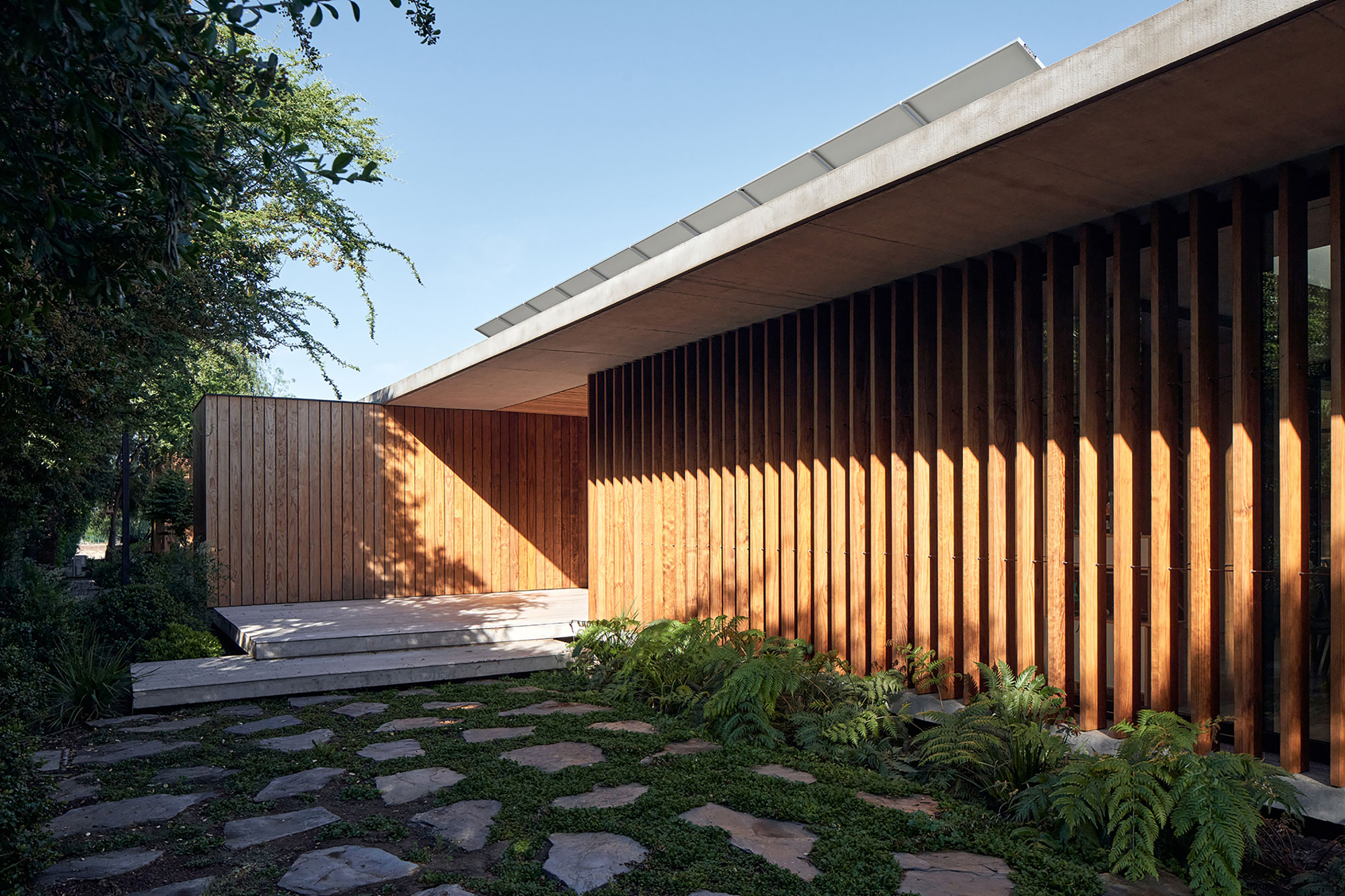 Wooden slat screen beneath a concrete roof soffit with stepping stones leading through planted beds