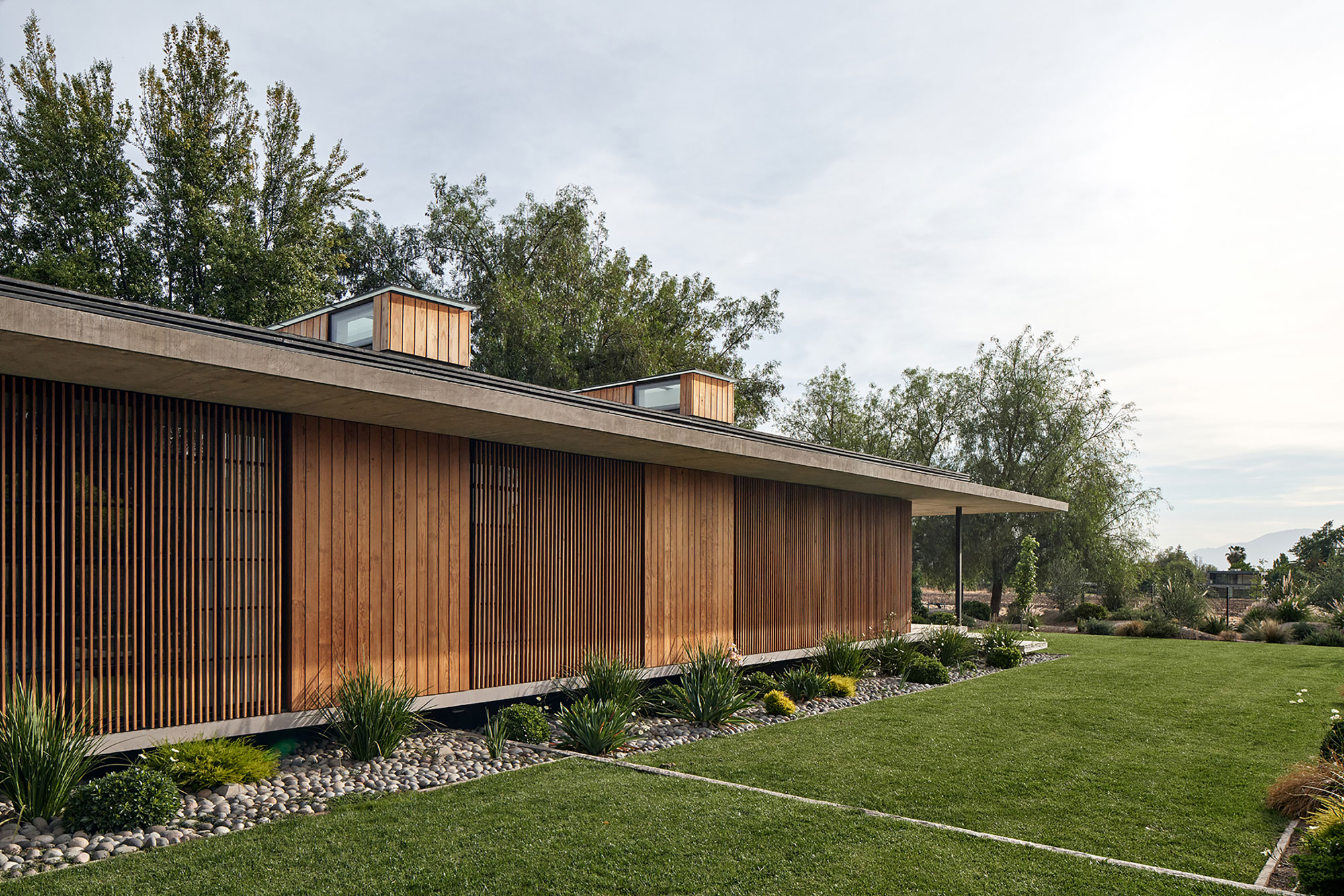 Long elevation showing alternating timber slat panels and concrete roof with timber clerestory monitors