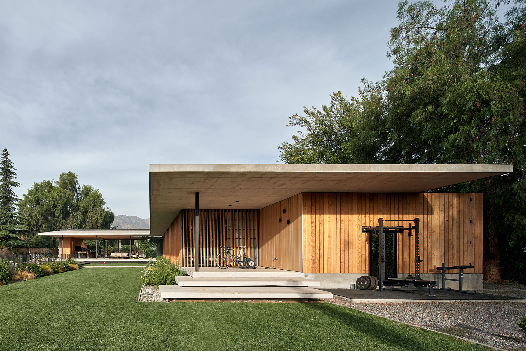 Garden facade with timber deck steps leading to vertical slat screens and an outdoor gym area