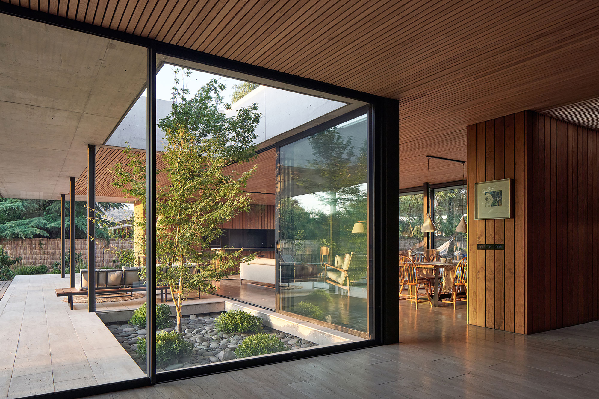 Internal courtyard with corner glass walls framing a small tree and gravel bed under overcast sky
