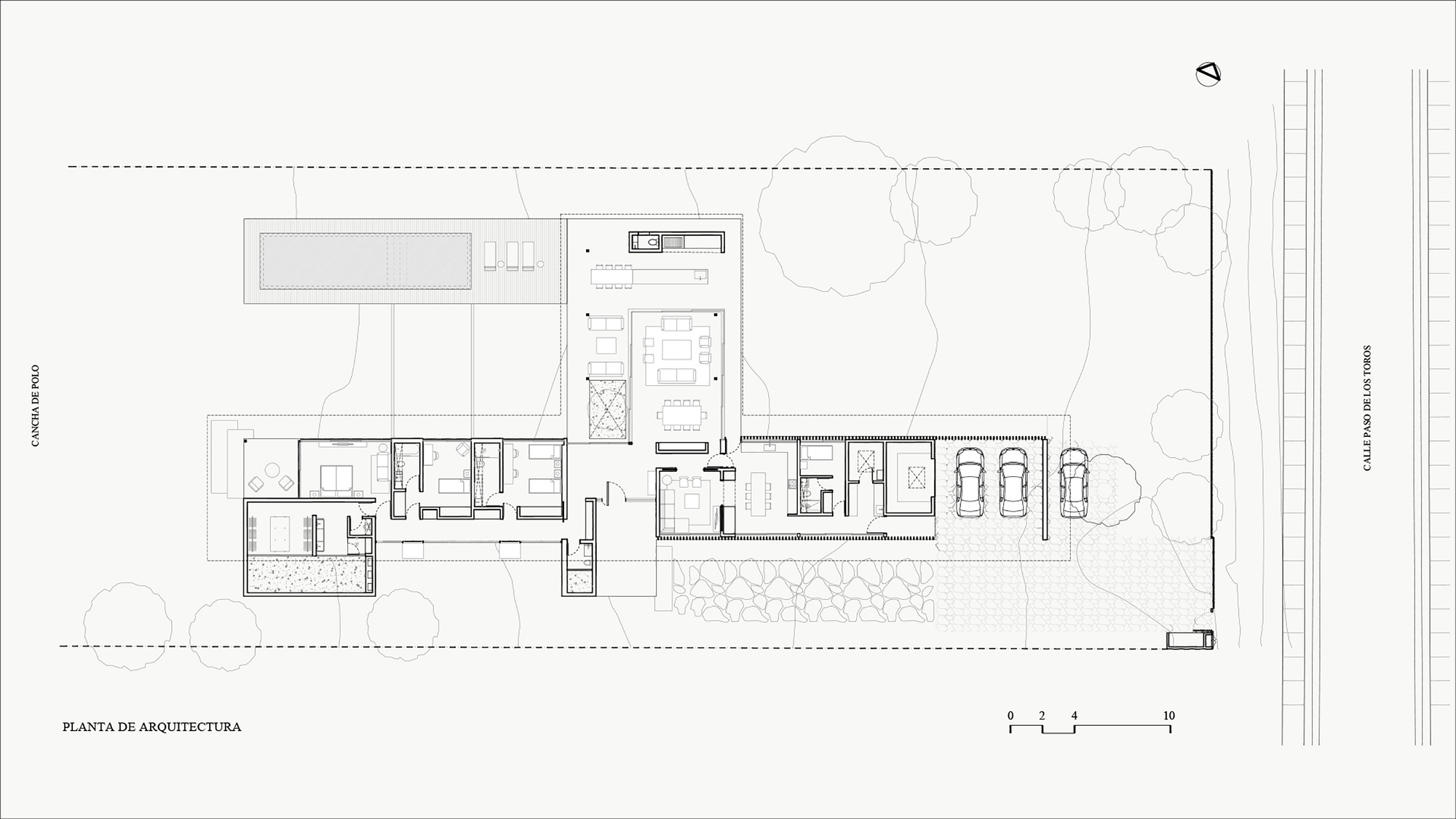 Floor plan drawing showing linear arrangement of rooms with central courtyard and exterior terraces