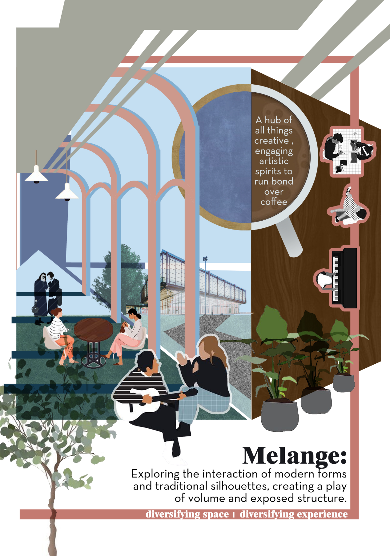 Concept collage showing MELANGE as a creative coffee hub where arches, music, art, and social exchange shape the cafe experience.