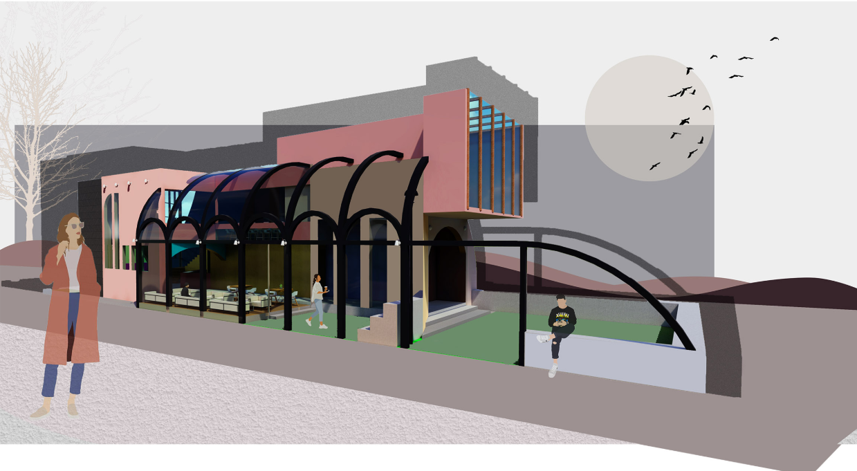 Exterior view of MELANGE showing the vaulted glass structure, pastel facade, and street-facing cafe spaces designed for openness and interaction.
