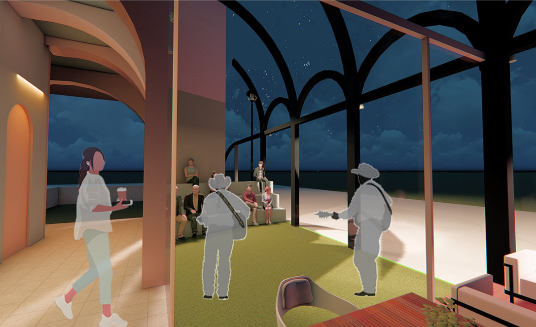 Jamming and co-working zone with arched windows, stepped seating, bookshelves, and creative activity areas.