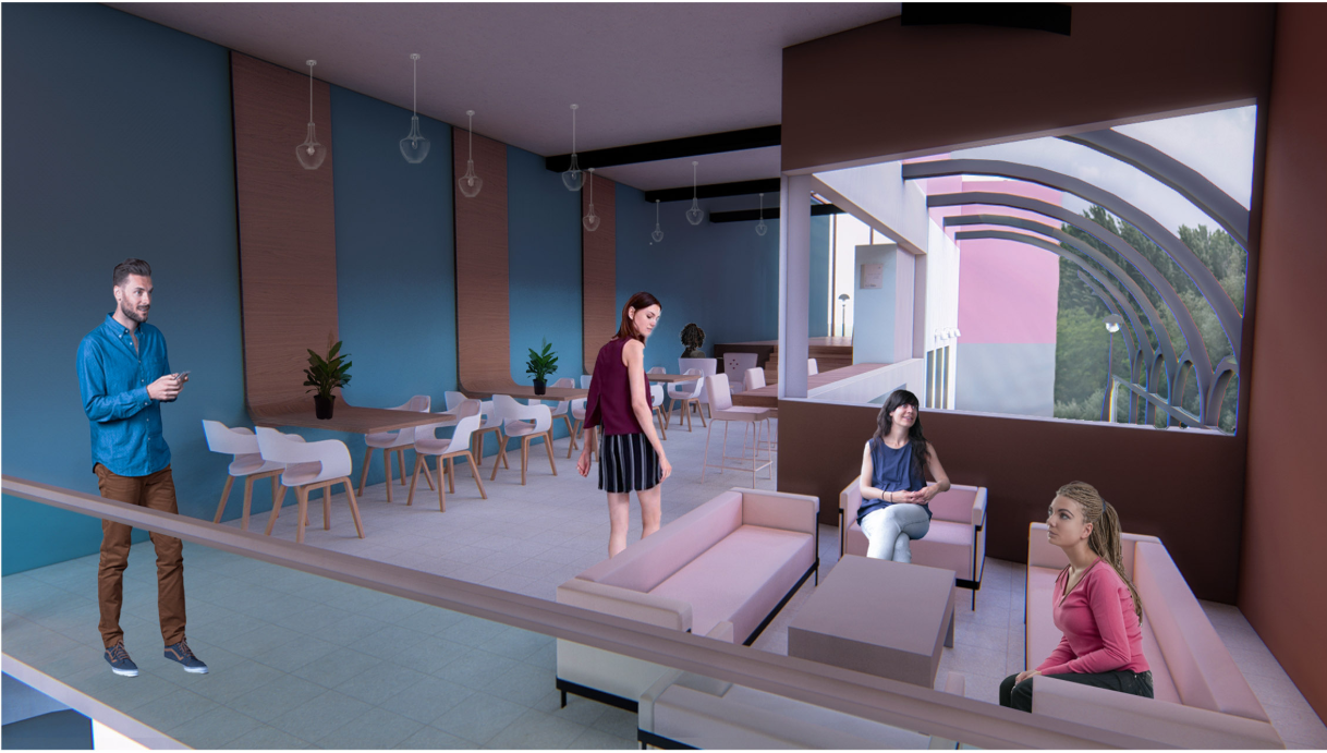 Upper seating zone with pastel interiors, pendant lighting, and views toward the arched exterior structure.