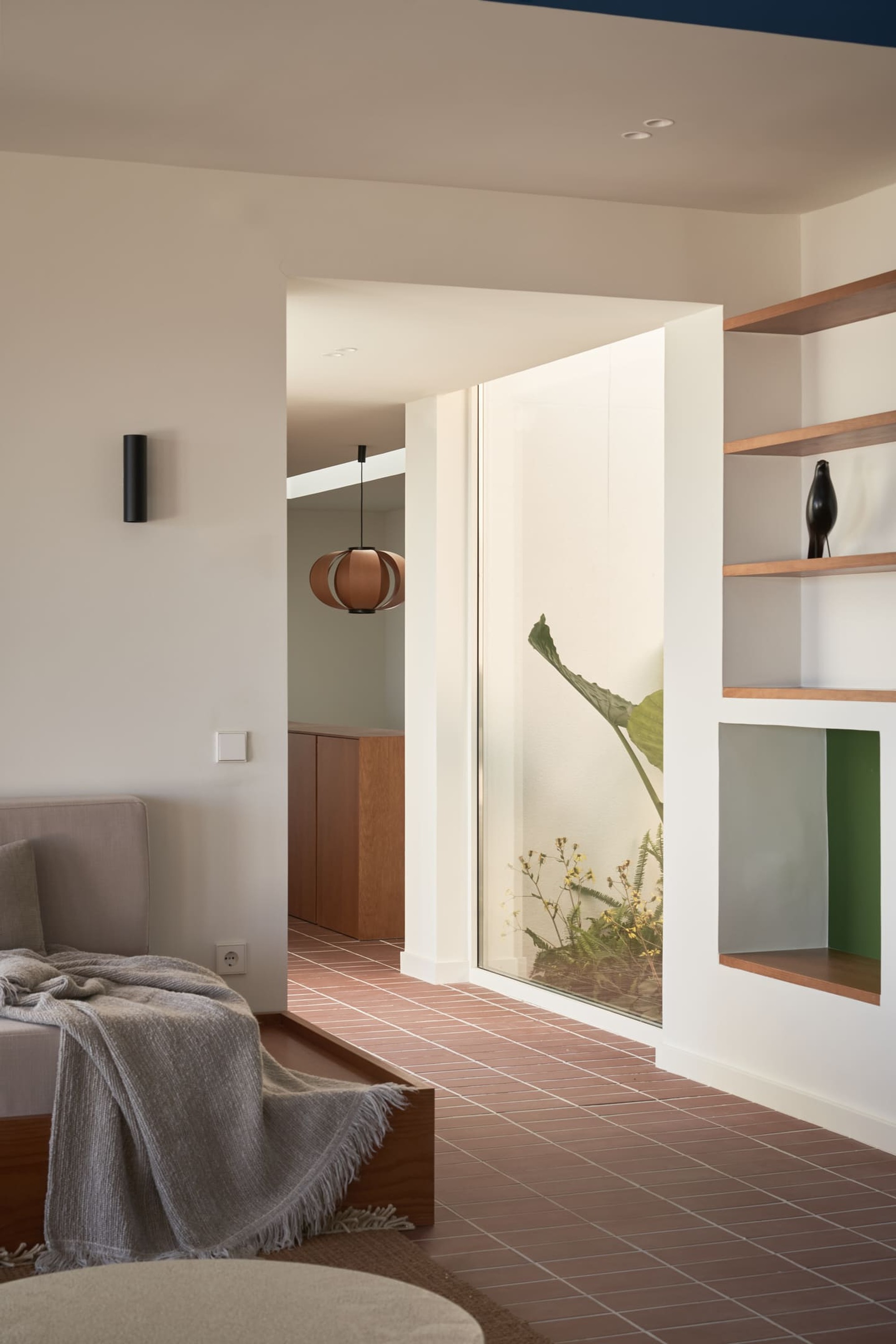 Framed view through a white portal into a glazed courtyard with planted cactus and timber cabinetry
