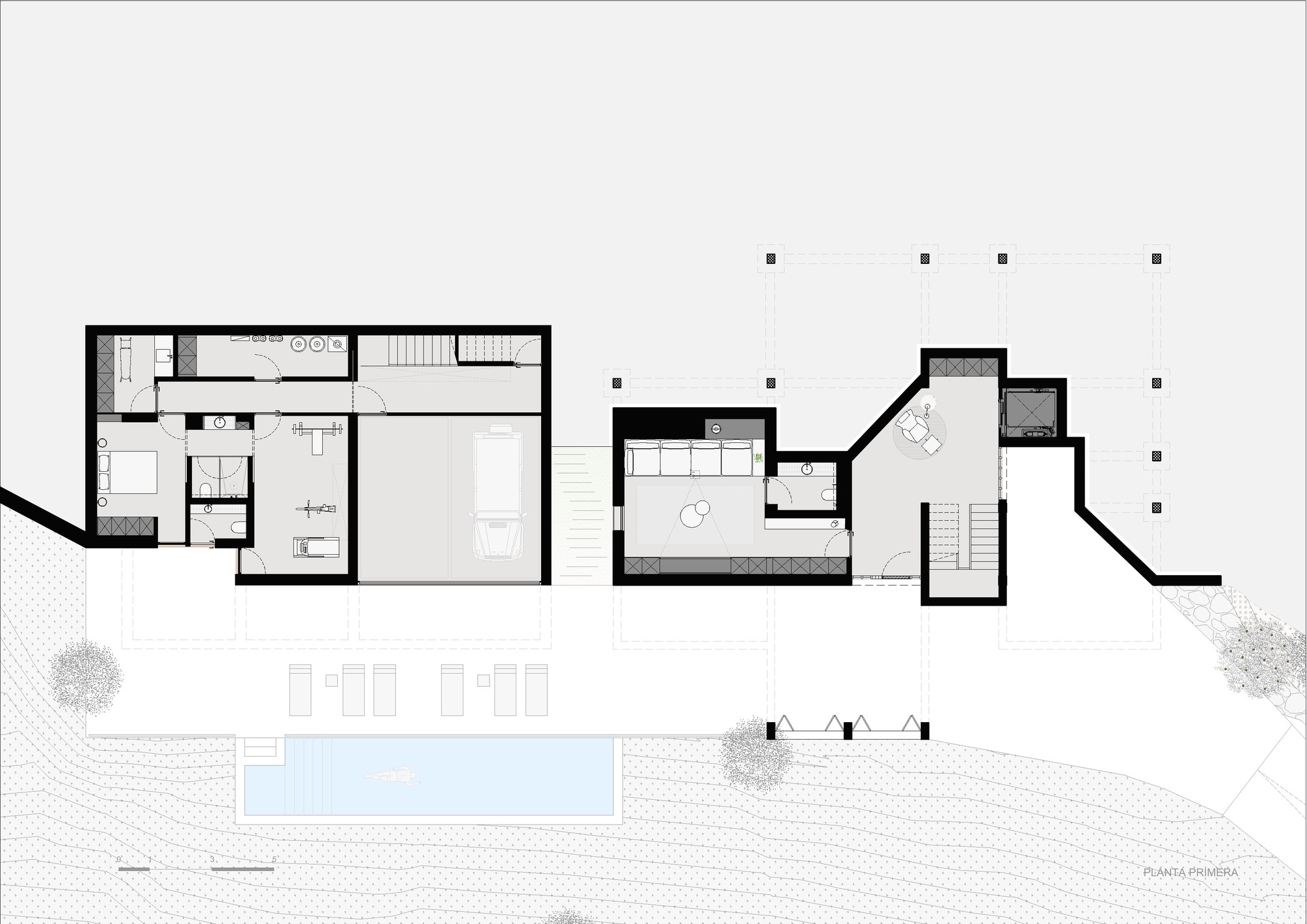 Floor plan drawing showing three linked volumes with pool terrace and two trees in stippled texture