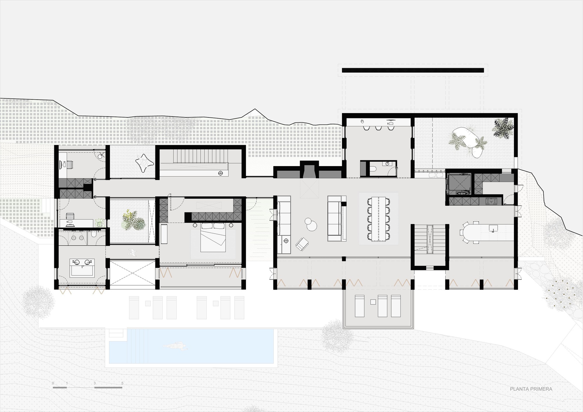 Floor plan drawing showing an elongated residence with swimming pool and landscaped surroundings