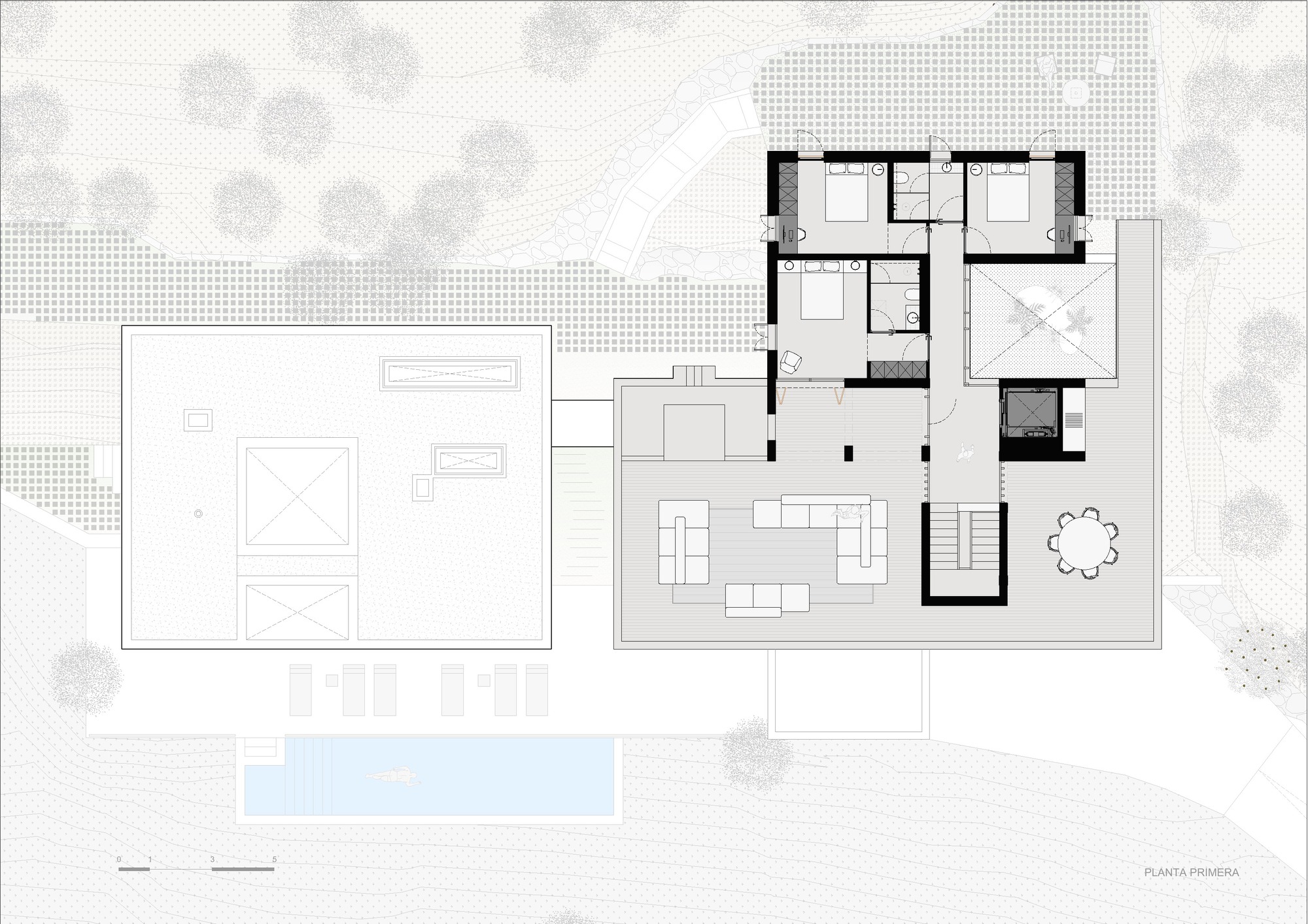 Upper floor plan drawing depicting bedroom wing, living area and exterior terrace with pool