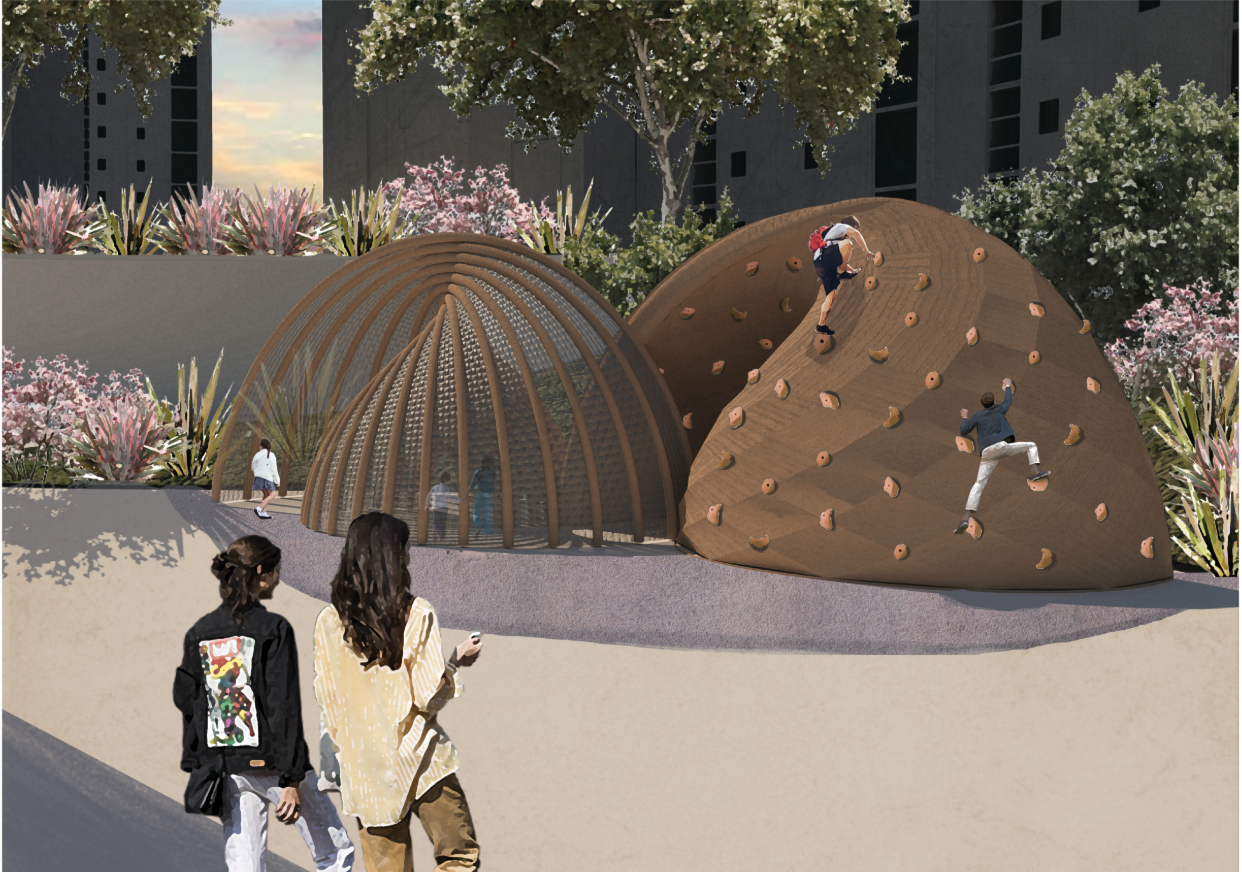 Bamboo play pavilion with climbable surfaces creates an active gathering space above the Olympiades district.