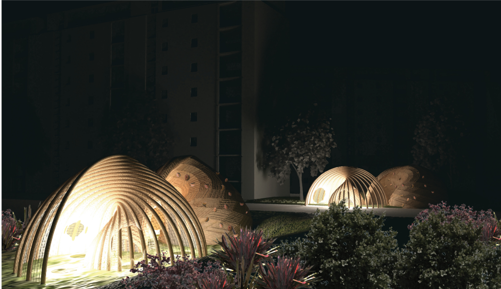 Illuminated bamboo shells transform the elevated urban slab into a warm nighttime landmark.