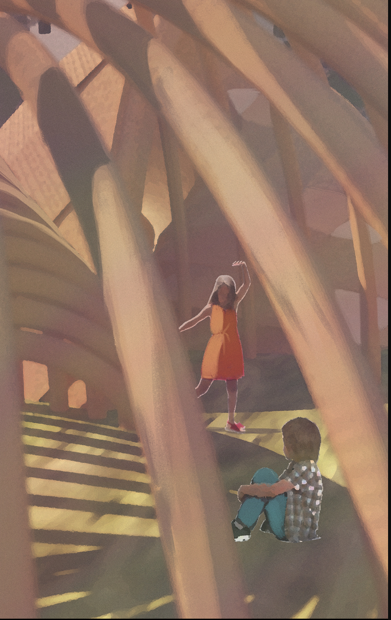 Filtered light and curved bamboo ribs create an intimate interior for play, rest, and discovery.