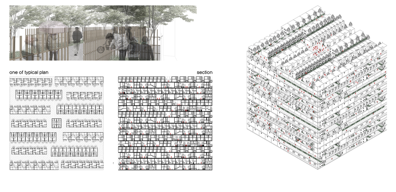Type 3 reinterprets linear Lilong streets as stacked residential bands connected by greenery, circulation, and communal terraces.