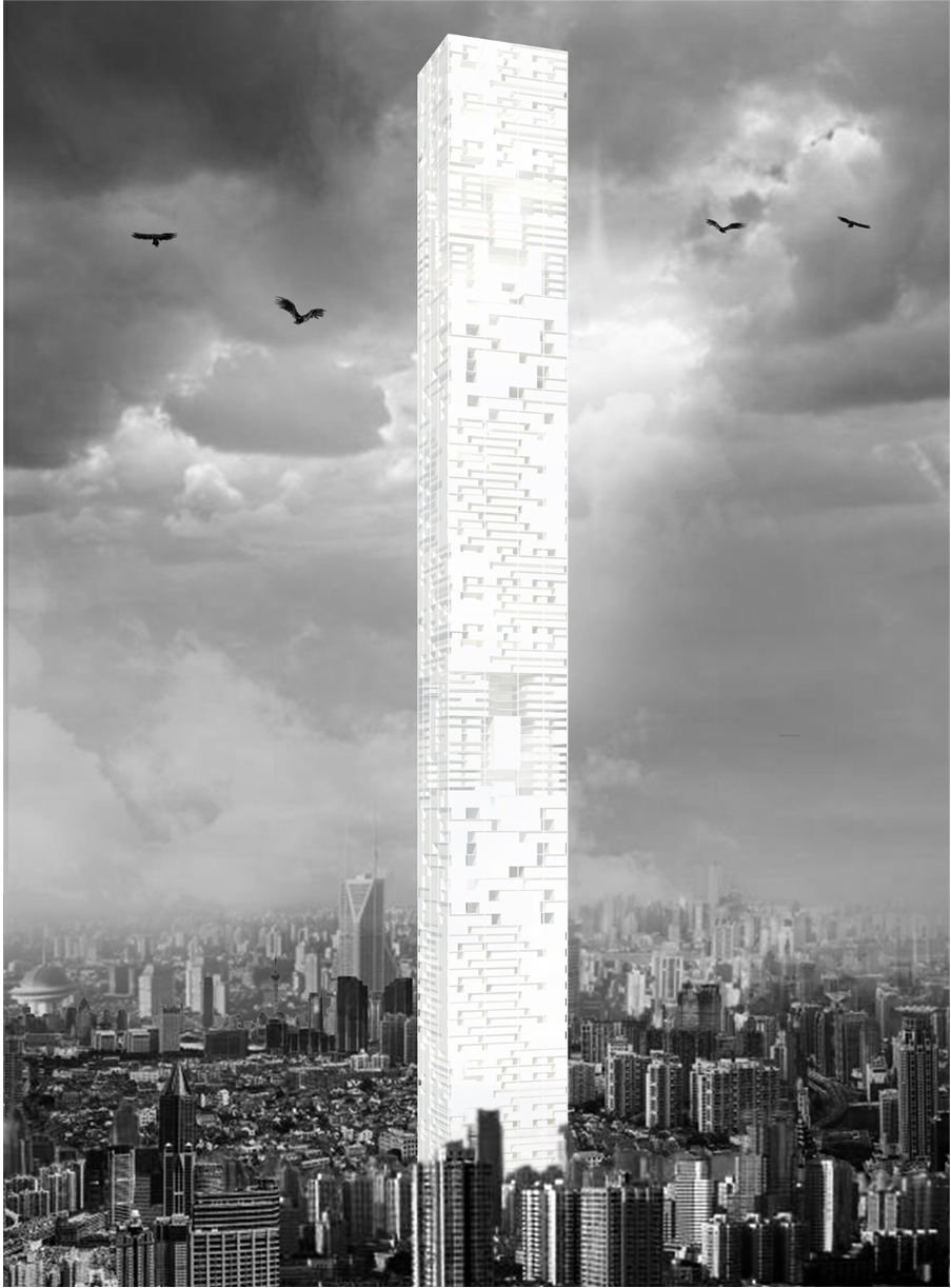 A close-up perspective reveals stacked homes, planted terraces, and everyday community life embedded within the vertical monument.
