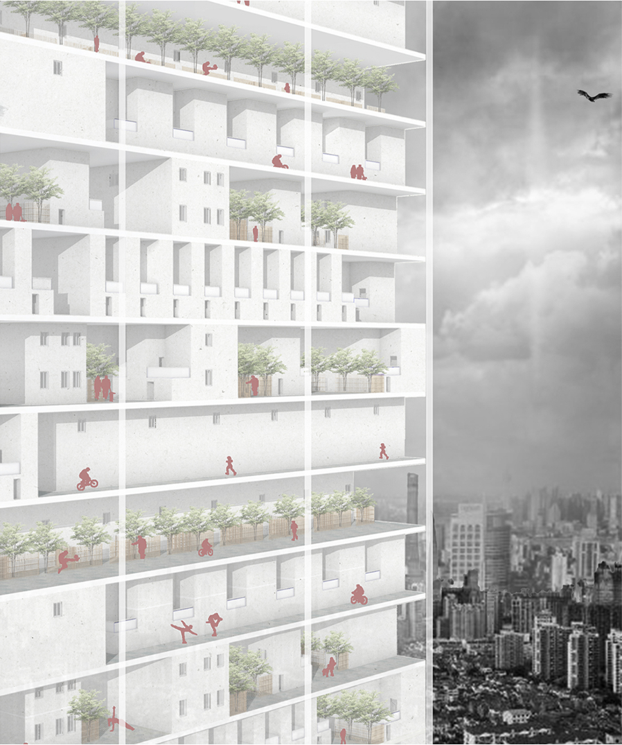 The monumental tower rises above Shanghai as a luminous vertical archive, preserving Lilong memory within a contemporary skyscraper.