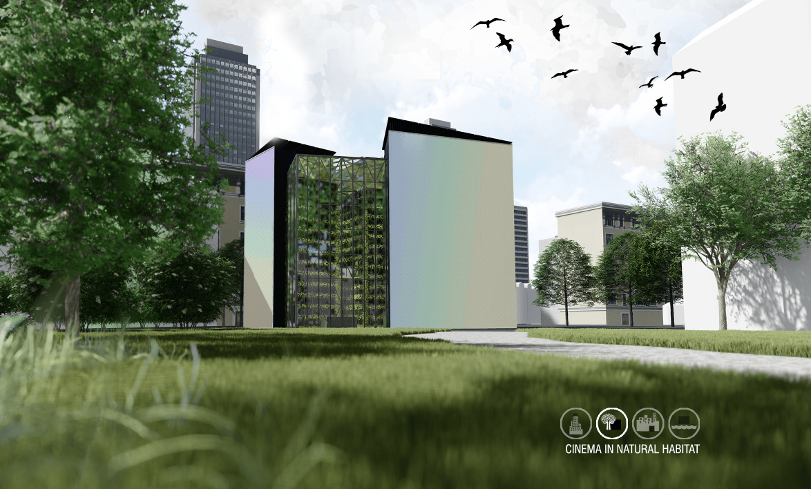 ECO CUBE integrated into a natural setting, combining cinema architecture with greenery and an open landscape.