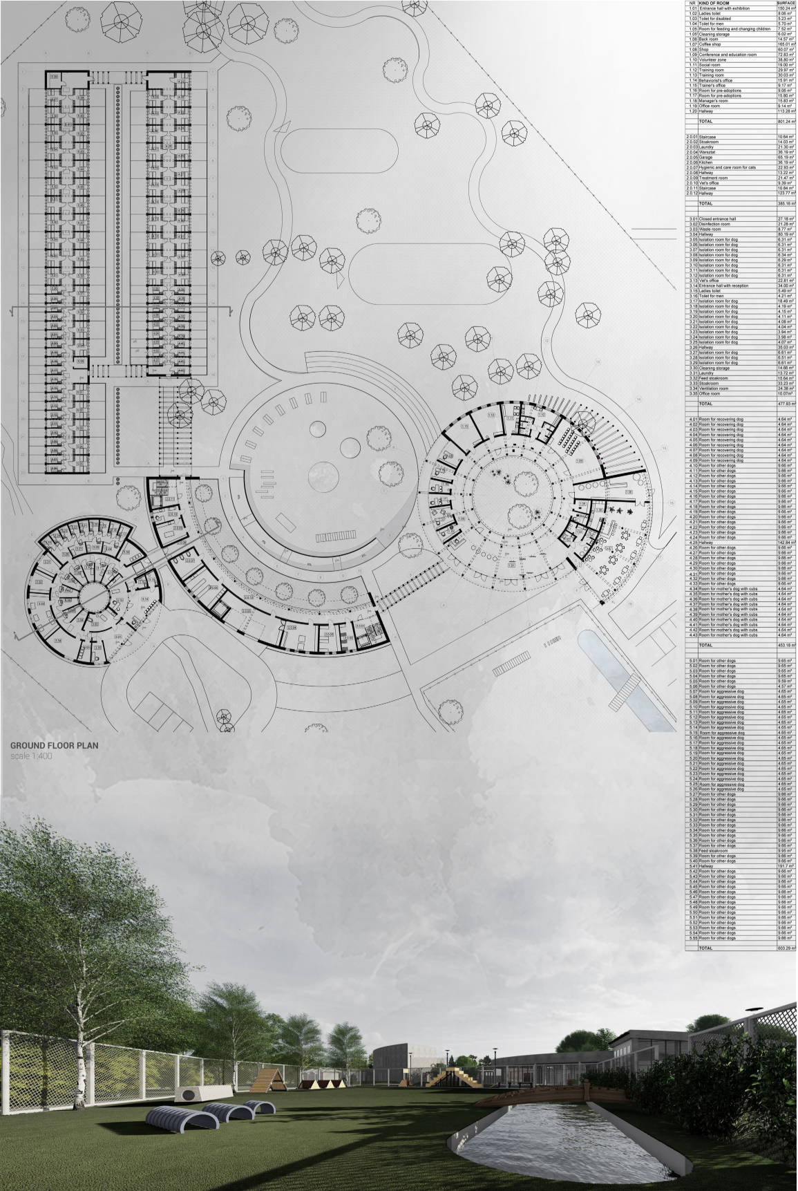 Ground floor plan drawing showing circular building volumes with courtyards and linear residential blocks among trees