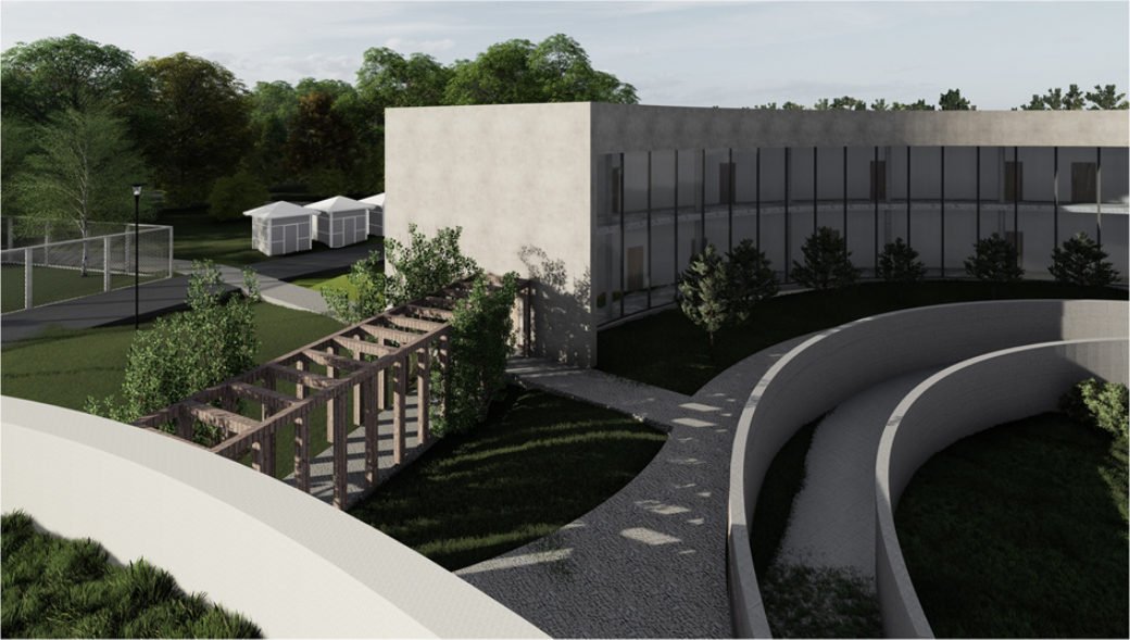 Aerial view of curving green roofs and timber pergola structure with rectilinear glass building beyond