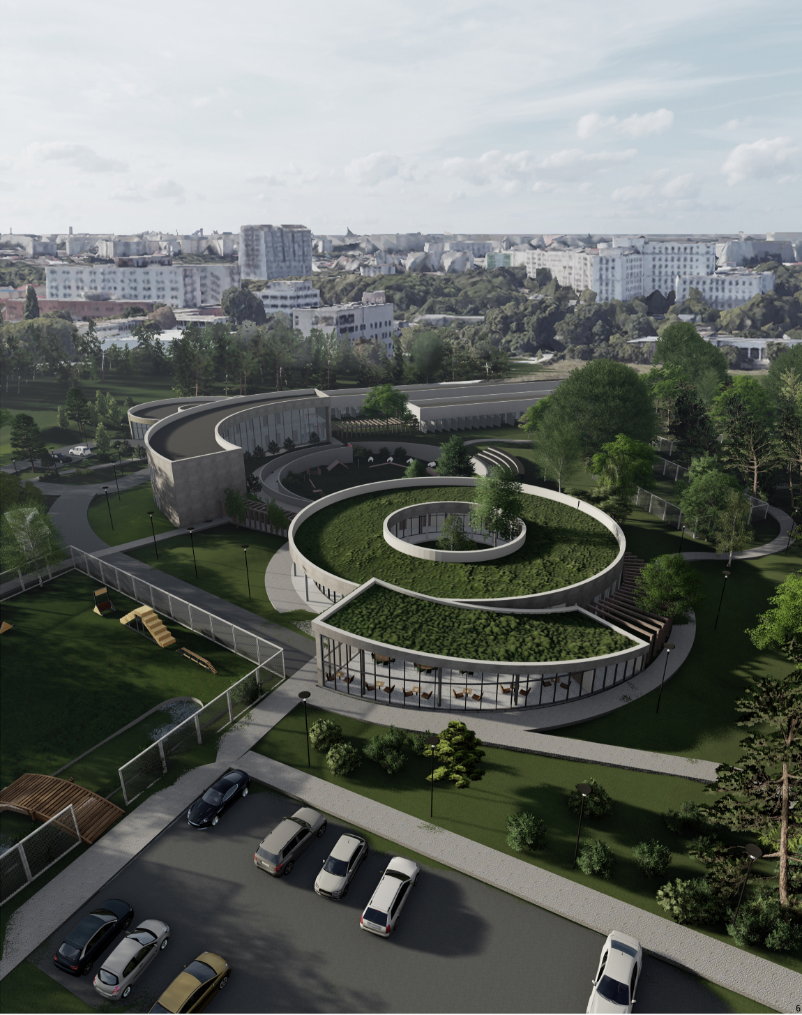 Elevated view of the spiraling vegetated rooftop terraces with residential neighborhood in the background