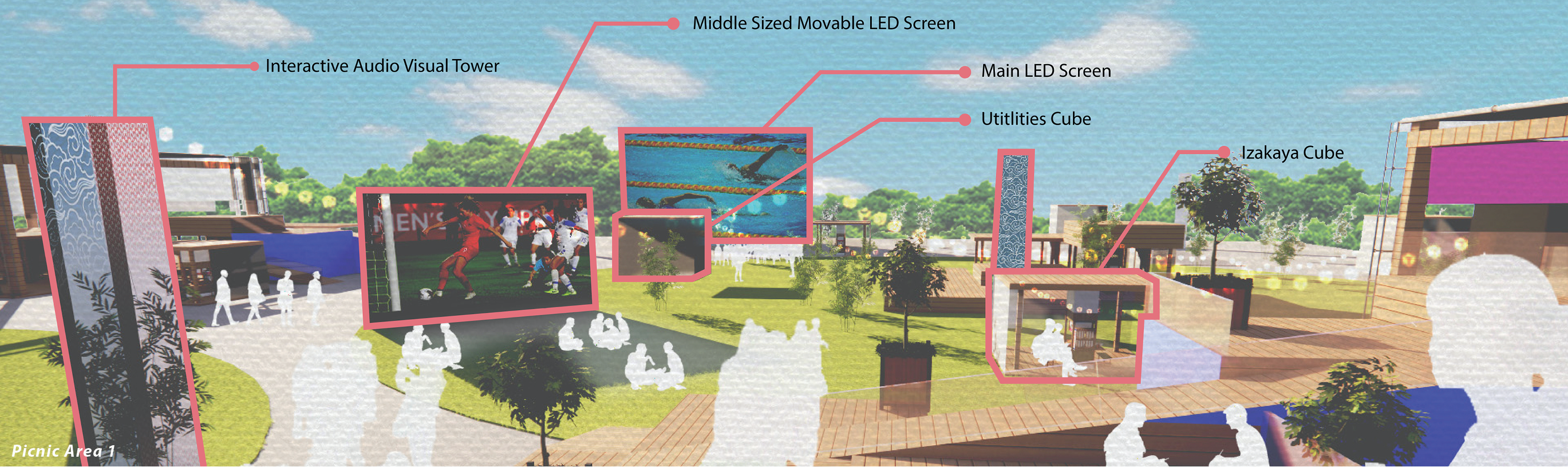 Interactive towers, LED screens, and izakaya cubes shape flexible public viewing zones for Olympic celebrations.
