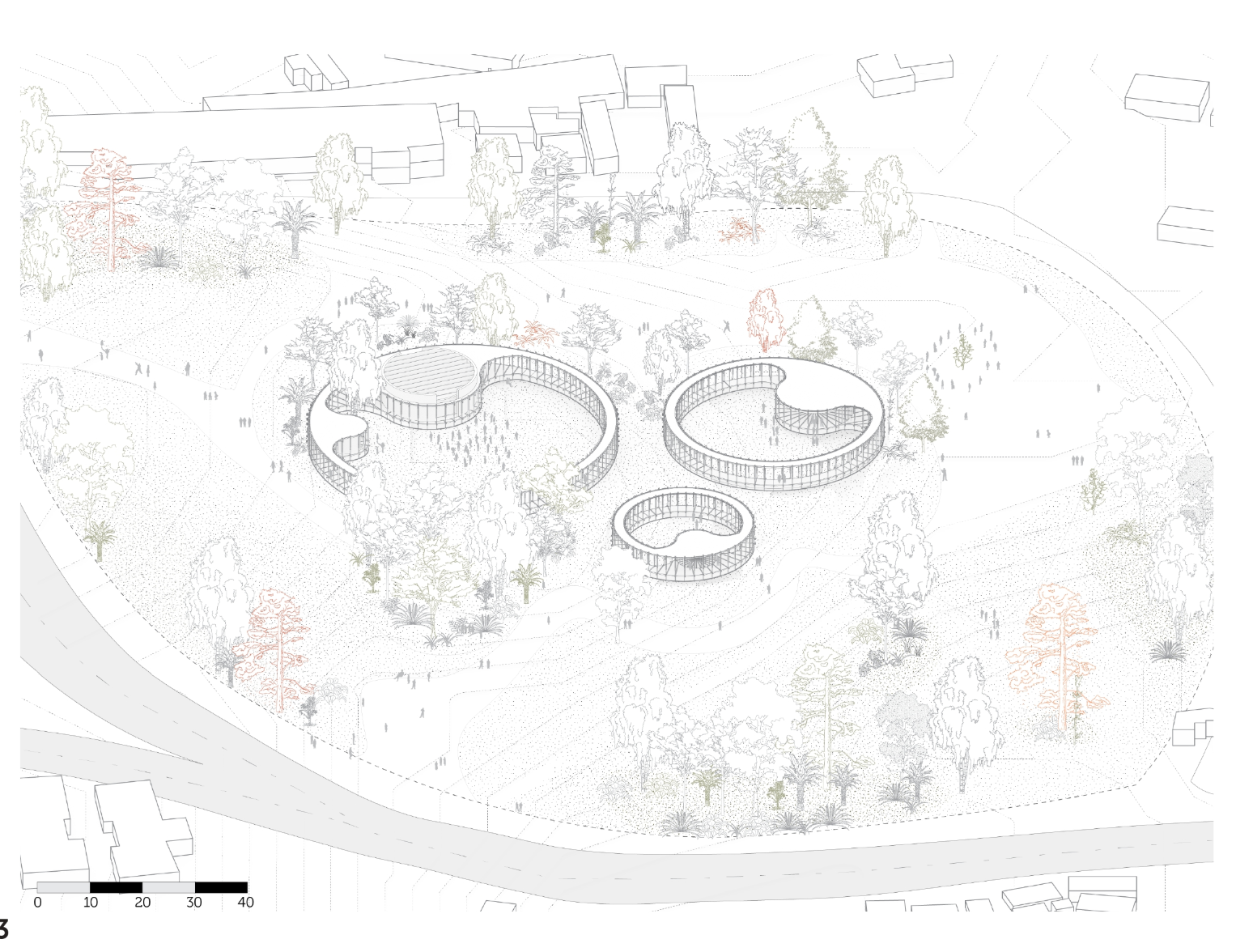 The masterplan reveals circular Eco-Chapel structures embedded within a regenerating Ethiopian landscape and forest restoration system.