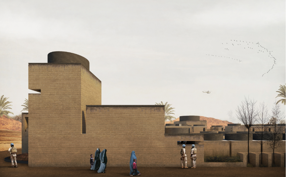 Monumental earthen walls frame a protected threshold into The Sanctum’s resilient community.
