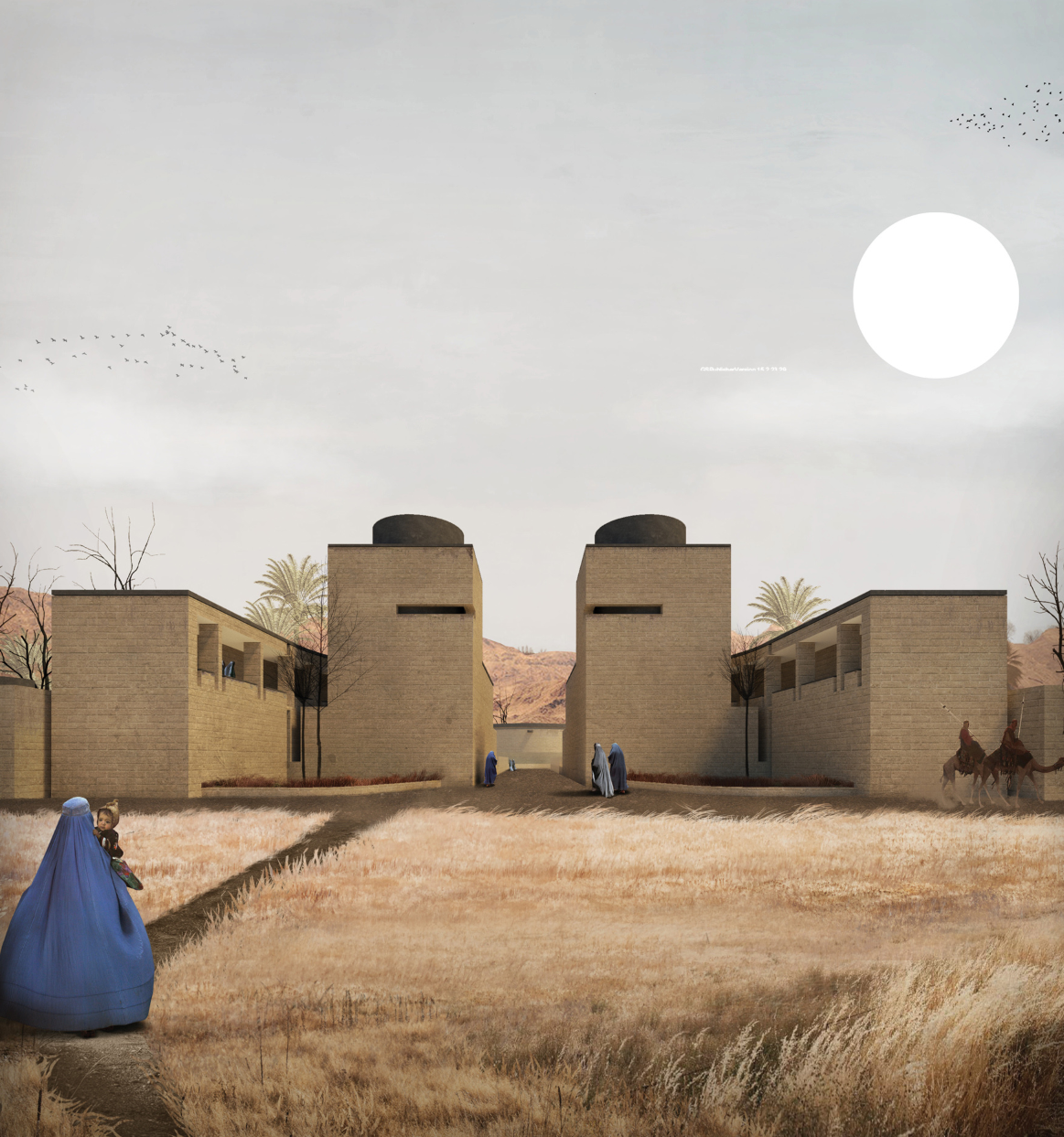 Twin entrance towers establish a strong gateway between the arid landscape and the sheltered settlement.