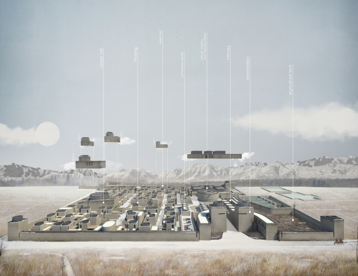 Aerial view revealing the compact urban village, water systems, housing, learning spaces and agricultural zones.