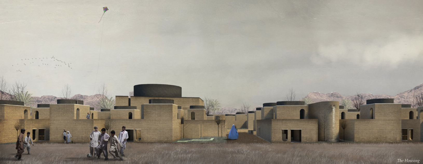 Clustered courtyard homes create a dense, shaded neighborhood inspired by traditional Afghan settlements.