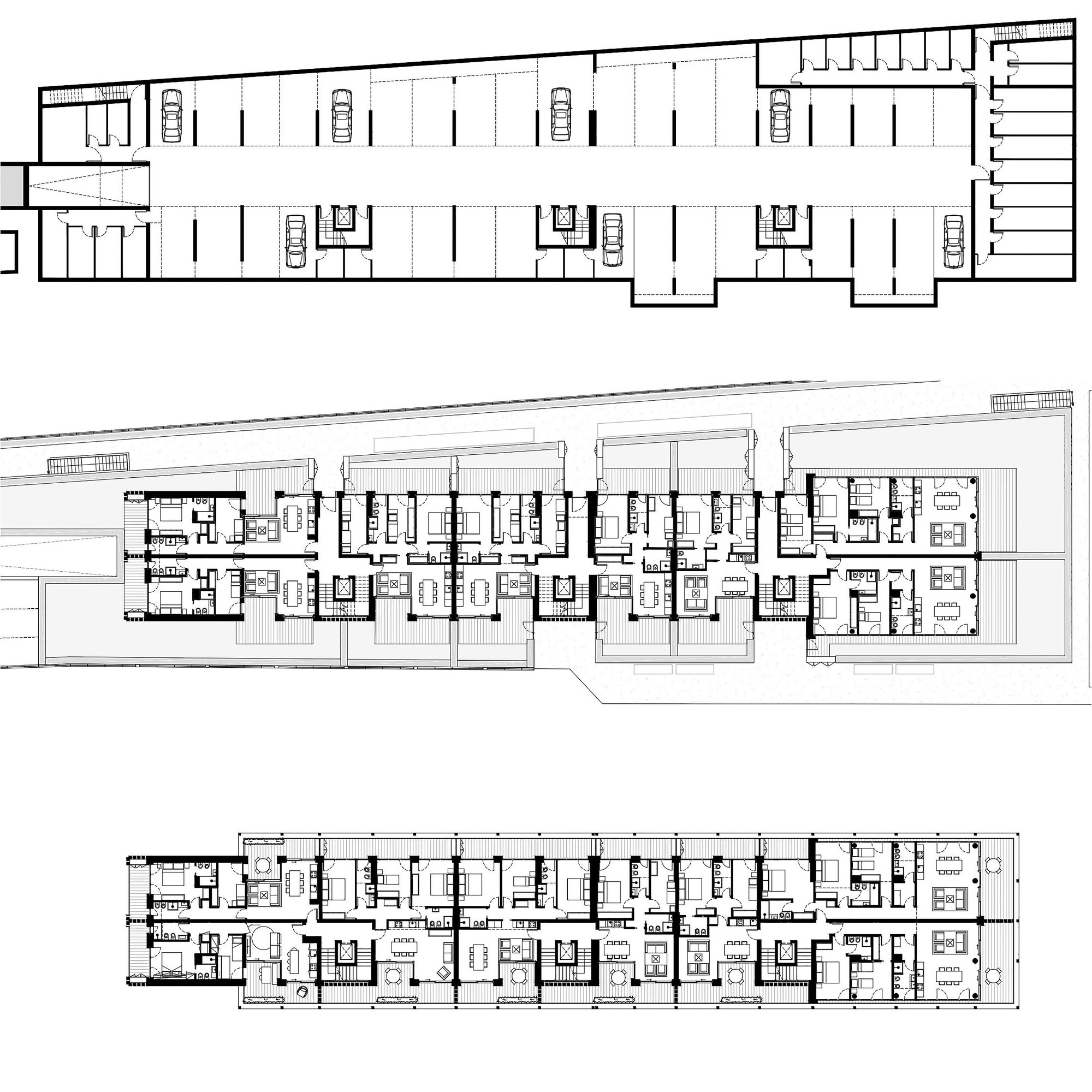 Floor plan drawings showing three levels of residential units with central circulation cores