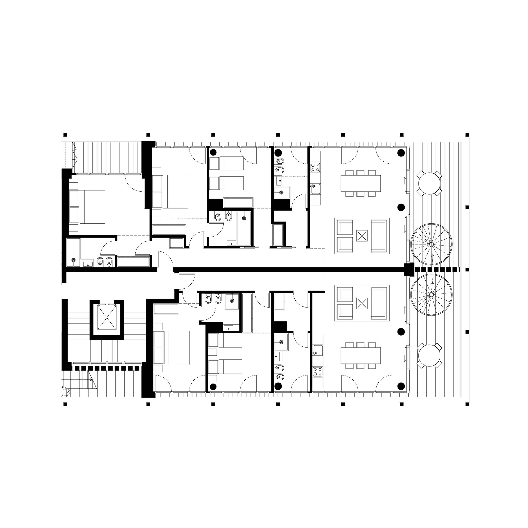 Floor plan drawing showing two residential units with bedrooms, bathrooms and open living spaces with deck access