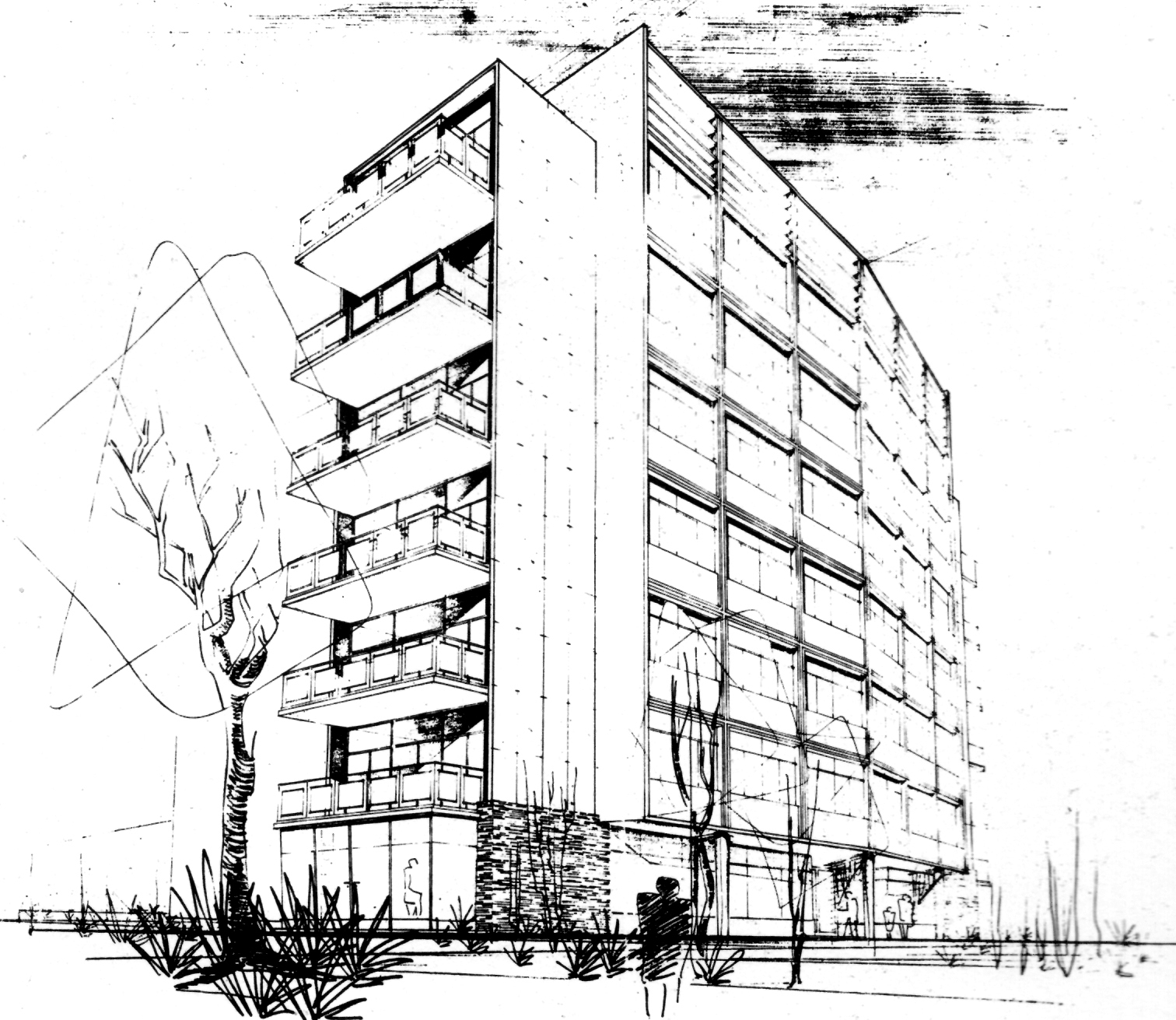 Perspective sketch showing the tower with projecting balconies and landscaping at the base