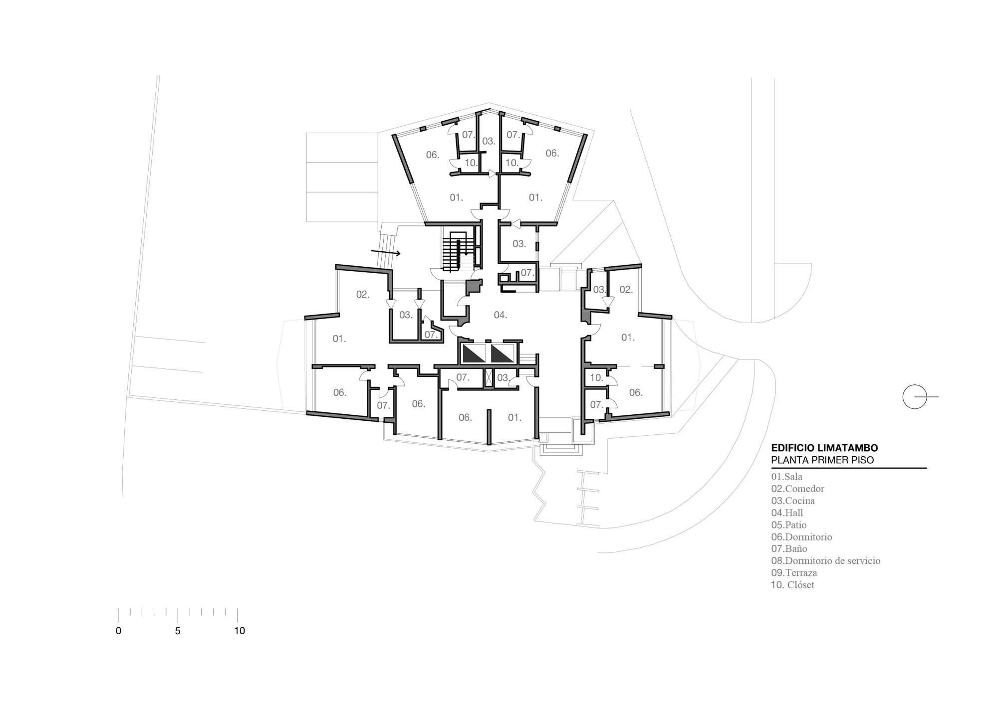 Floor plan drawing showing splayed residential units arranged around a central circulation core