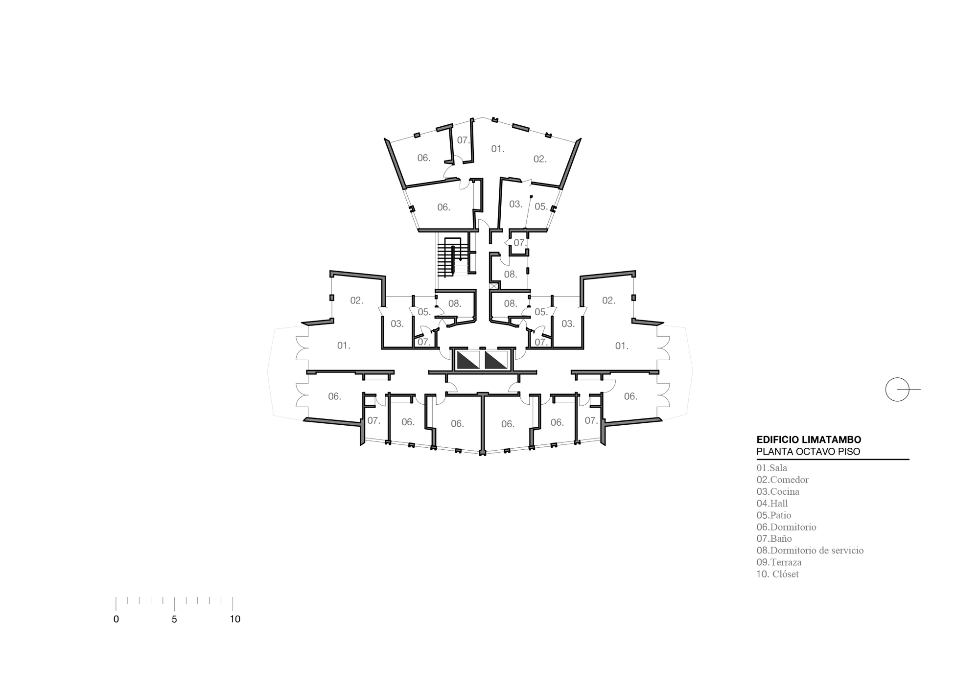 Floor plan drawing showing symmetrically arranged units radiating from a central stair and elevator core